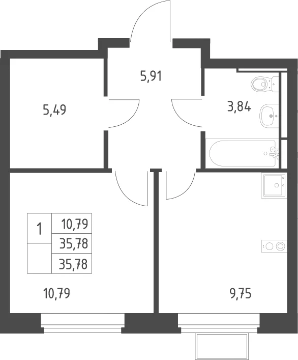 Планировка: 1-комнатная квартира 35,8 м² в ЖК «Новое Видное»