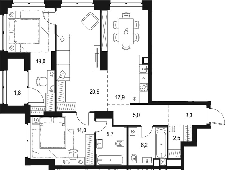 Планировка: 3-комнатная квартира 94,5 м² в ЖК «Левел Звенигородская»