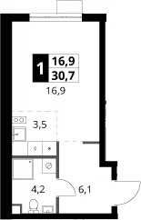Планировка: Студия 30,7 м² в ЖК «1-й Ясеневский»