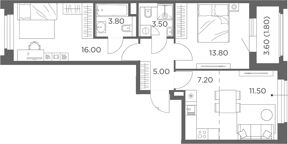 Планировка: Евротрёшка 60,8 м² в ЖК «Белый Град»