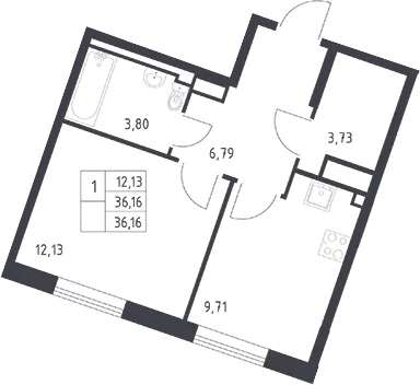 Планировка: 1-комнатная квартира 36,2 м² в ЖК «Квартал Лаголово»