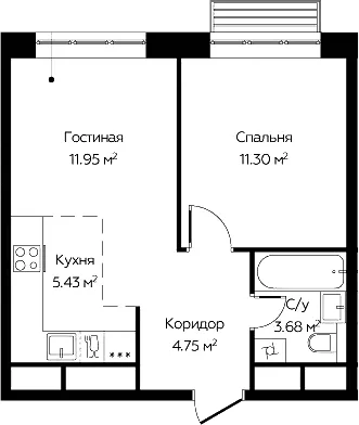 Планировка: Евродвушка 37,1 м² в ЖК «Новоград Павлино»