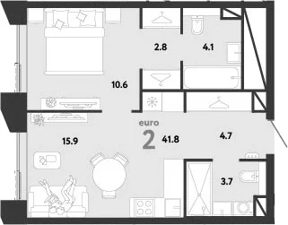 Планировка: Евродвушка 41,8 м² в ЖК «Страна.Заречная»
