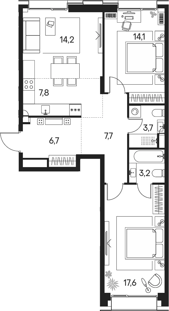 Планировка: Евротрёшка 75 м² в ЖК «Клубный город на реке Примавера»