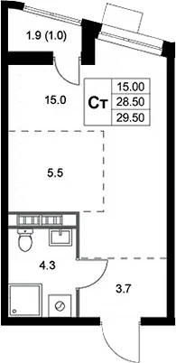 Планировка: Студия 28,5 м² в ЖК «Легенда Коренево»