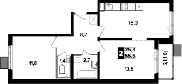Планировка: 2-комнатная квартира 53,9 м² в ЖК «Южная Битца»