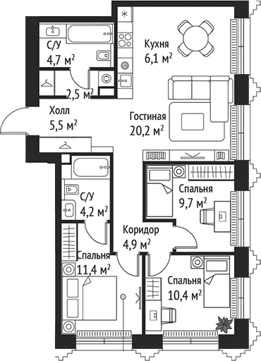 Планировка: Квартира евро-4 79,6 м² в ЖК «СЕТ»