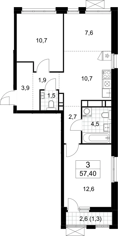 Планировка: Евротрёшка 56,1 м² в ЖК «Бунинские кварталы»