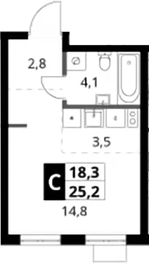 Планировка: Студия 25,2 м² в ЖК «1-й Ясеневский»