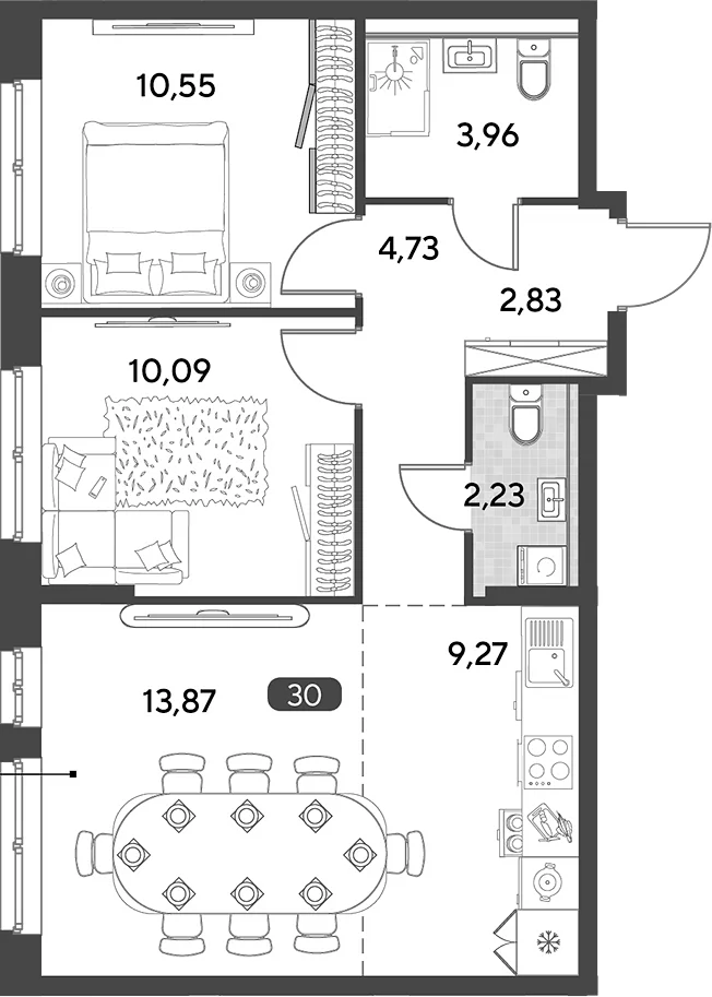 Планировка: Евротрёшка 57,5 м² в ЖК «Космопарк»