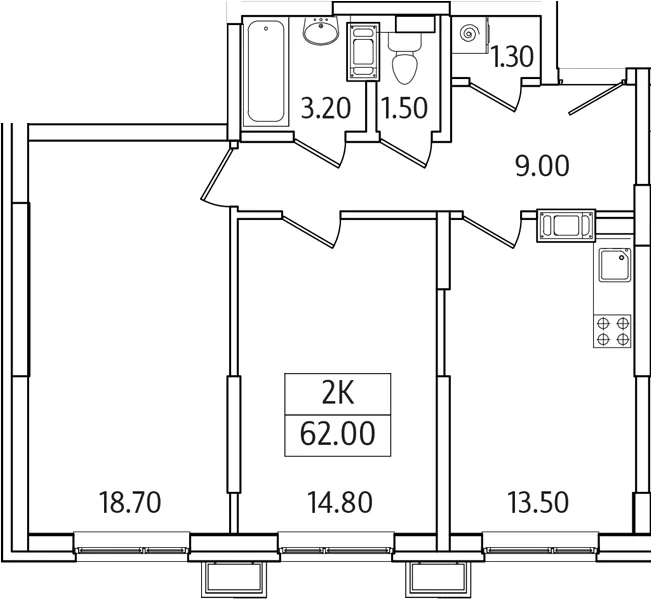 Планировка: 2-комнатная квартира 62 м² в ЖК «Видный Берег 2.0»