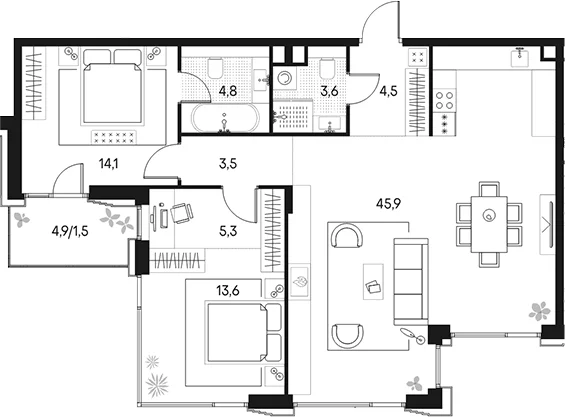 Планировка: Евротрёшка 95,2 м² в ЖК «Клубный город на реке Примавера»