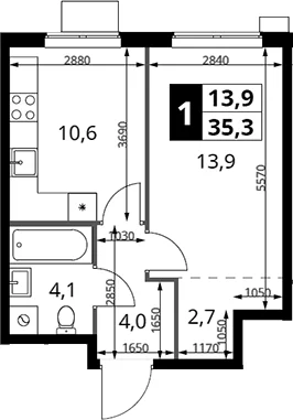 Планировка: 1-комнатная квартира 35,3 м² в ЖК «1-й Измайловский»