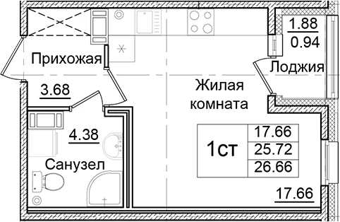 Планировка: Студия 25,7 м² в ЖК «Квартал Заречье»