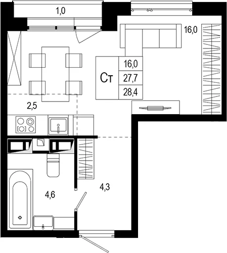 Планировка: Студия 27,7 м² в ЖК «Новая Щербинка»