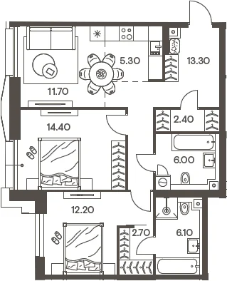 Планировка: Евротрёшка 74,1 м² в ЖК «Инджой»