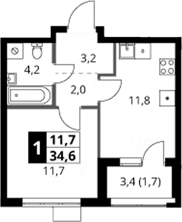 Планировка: 1-комнатная квартира 32,9 м² в ЖК «1-й Ясеневский»