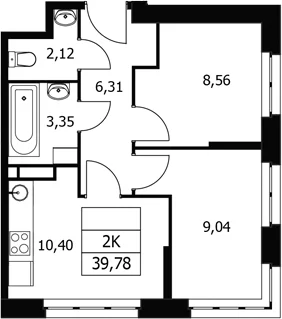 Планировка: 2-комнатная квартира 39,8 м² в ЖК «Волковская 67»