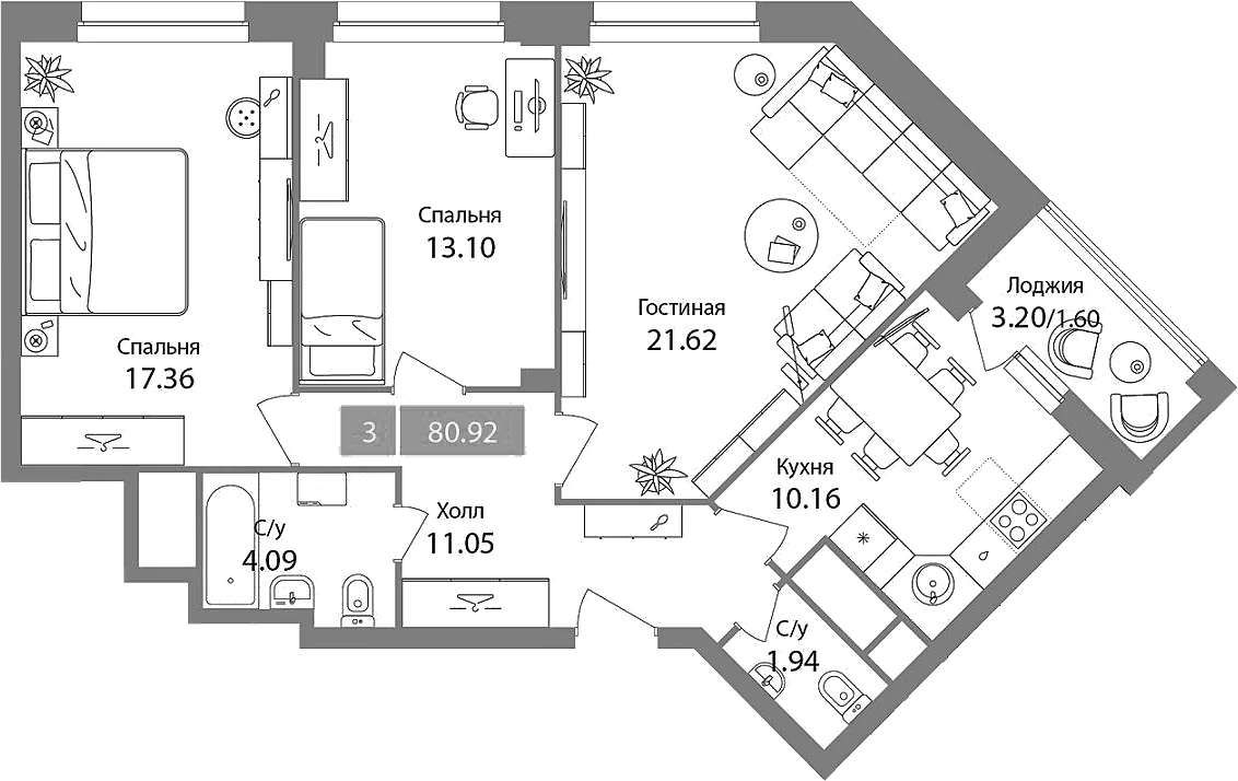 Планировка: 3-комнатная квартира 79,3 м² в ЖК «Планерный квартал»
