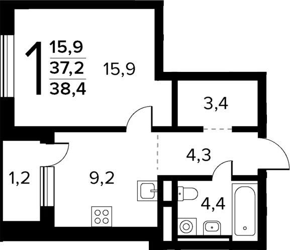 Планировка: 1-комнатная квартира 37,2 м² в ЖК «Новые Ватутинки Квартал у реки»