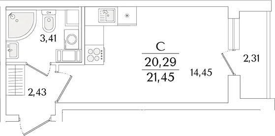 Планировка: Студия 20,3 м² в ЖК «Кинопарк»