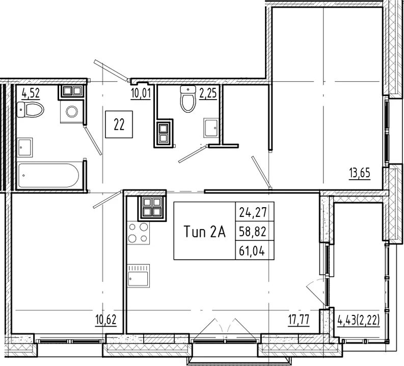 Планировка: Евротрёшка 58,8 м² в ЖК «Ranta Residence»