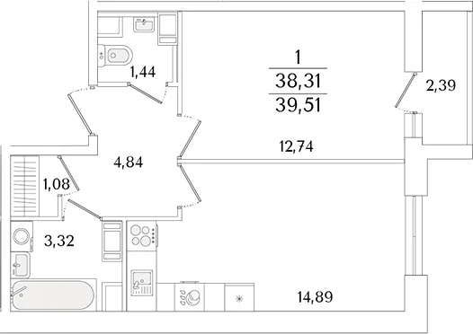 Планировка: Евродвушка 38,3 м² в ЖК «Кинопарк»
