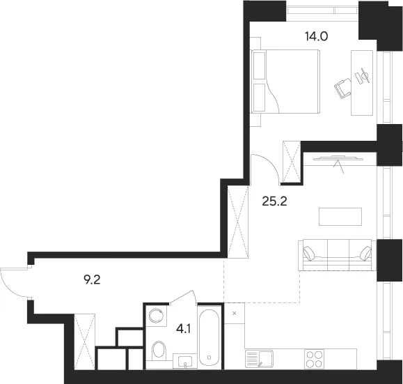 Планировка: Евродвушка 52,5 м² в ЖК «Инди Тауэрз от Аквилон»