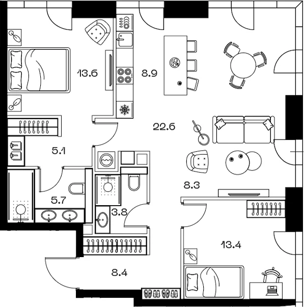 Планировка: Евротрёшка 90,7 м² в ЖК «SHIFT»