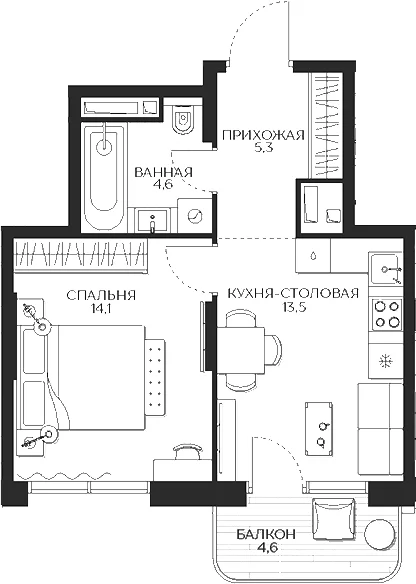 Планировка: 1-комнатная квартира 40,7 м² в ЖК «Кутузов Сити»