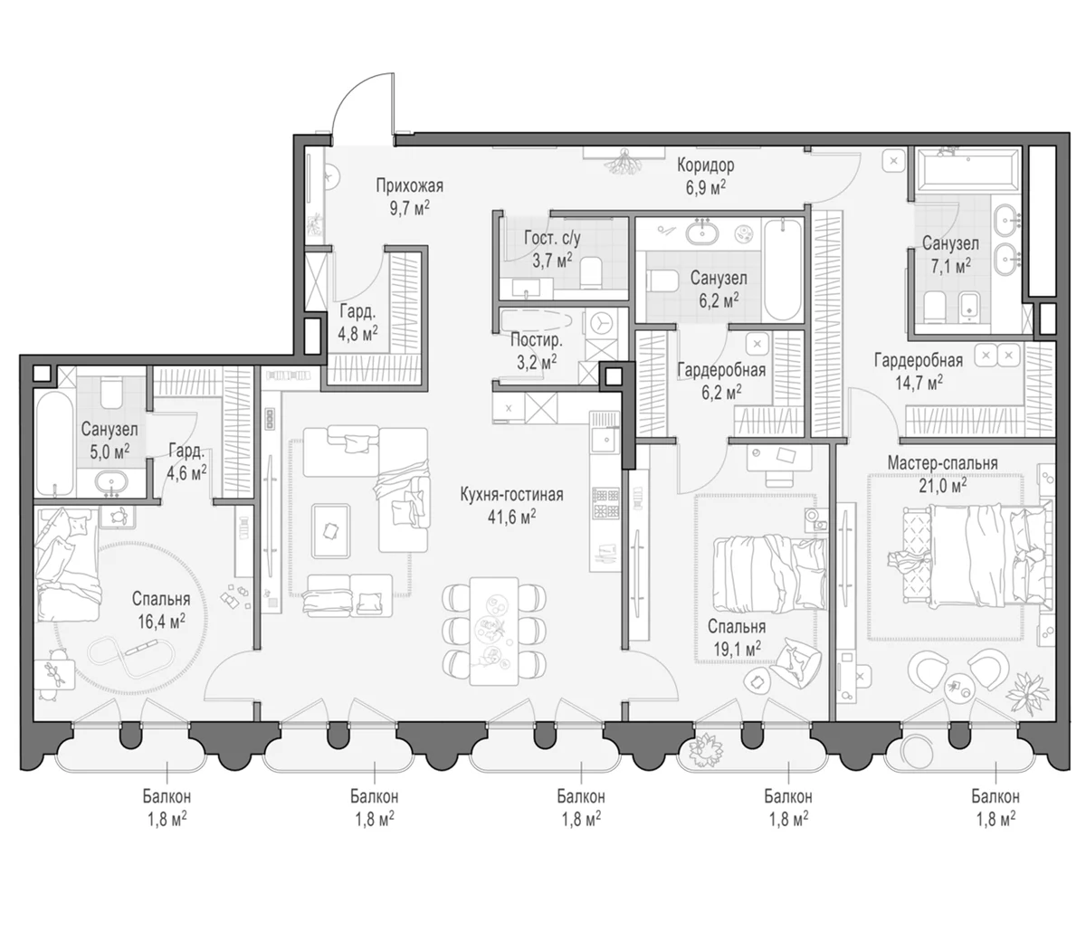 Планировка: Квартира евро-4 174,7 м² в ЖК «Клубный квартал Фрунзенский»