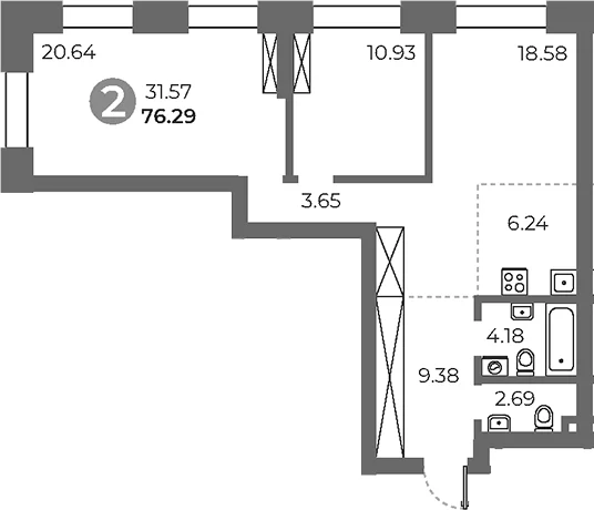 Планировка: 2-комнатная квартира 76,3 м² в ЖК «Павелецкая от Гранель»