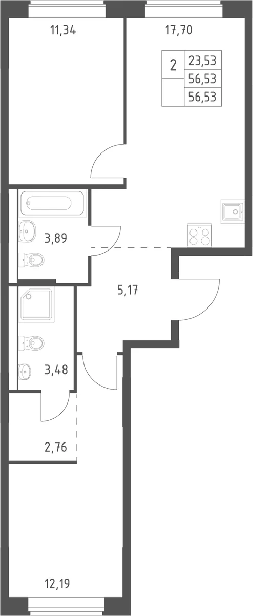 Планировка: Евротрёшка 56,5 м² в ЖК «Большое Юрлово»