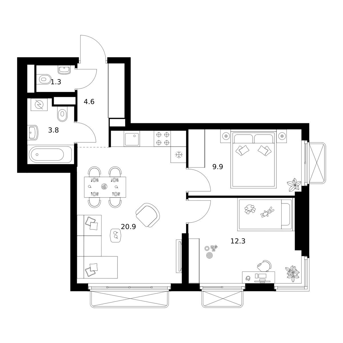 Планировка: 2-комнатная квартира 52,8 м² в ЖК «2-й Иртышский»