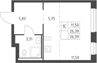 Планировка: Студия 26,4 м² в ЖК «Горки Парк»