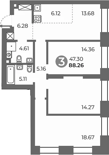 Планировка: 3-комнатная квартира 88,3 м² в ЖК «Павелецкая от Гранель»