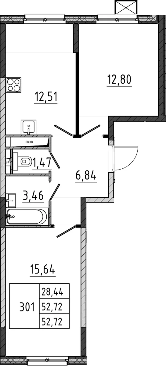Планировка: 2-комнатная квартира 52,7 м² в ЖК «Поварово-Молодежный-2»
