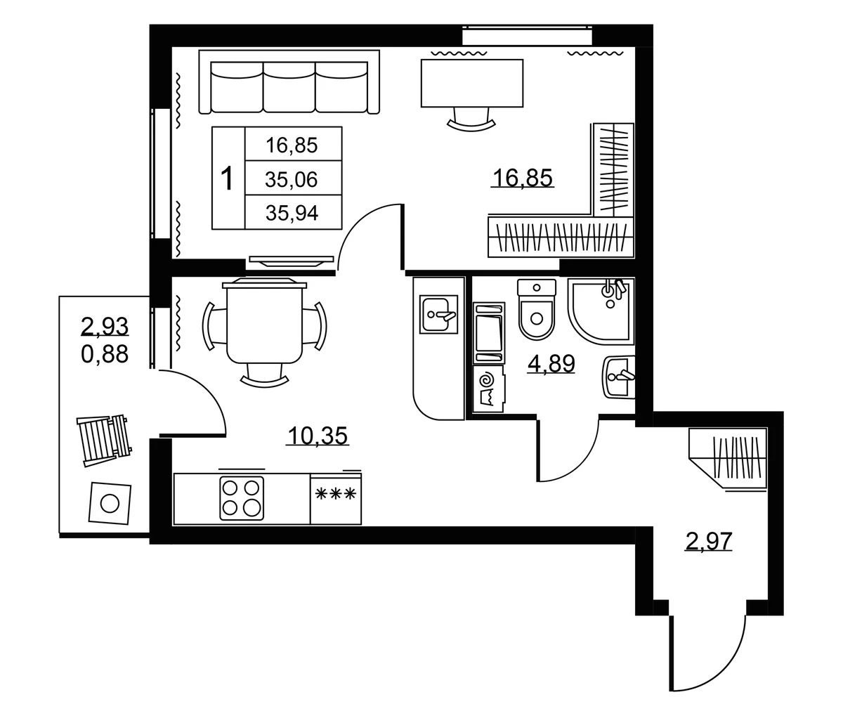 Планировка: 1-комнатная квартира 35,1 м² в ЖК «Пулковское, 34»
