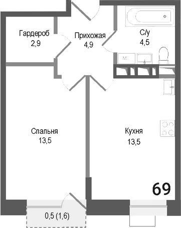Планировка: 1-комнатная квартира 39,3 м² в ЖК «Киноквартал»