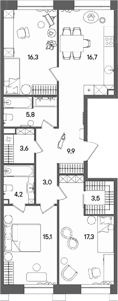 Планировка: Квартира евро-4 95,4 м² в ЖК «СТОУН Райз»