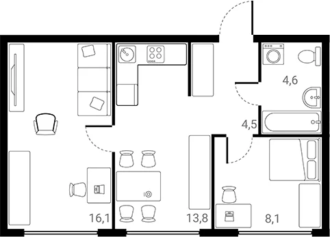 Планировка: 2-комнатная квартира 47,1 м² в ЖК «Лесная Коллекция»