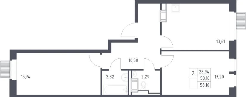 Планировка: 2-комнатная квартира 58,2 м² в ЖК «Большое Путилково»