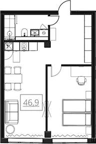 Планировка: Квартира 46,7 м² в ЖК «Омега-Апарт от Авеню Апарт»