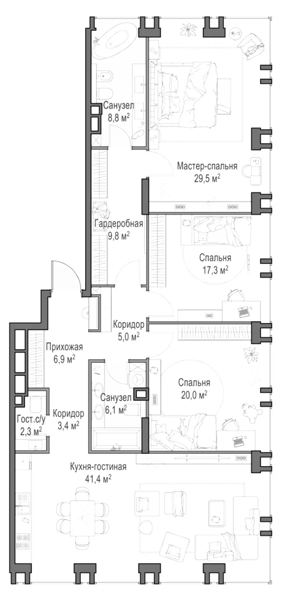 Планировка: Квартира евро-4 150,6 м² в ЖК «Квартал Life Time»