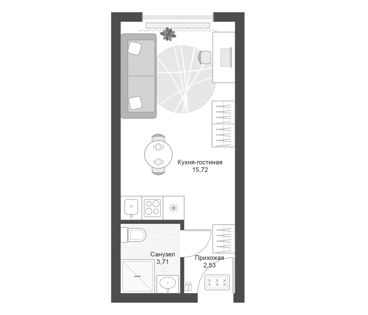 Планировка: Студия 22 м² в ЖК «Апарт-комплекс Первый Зеленый»