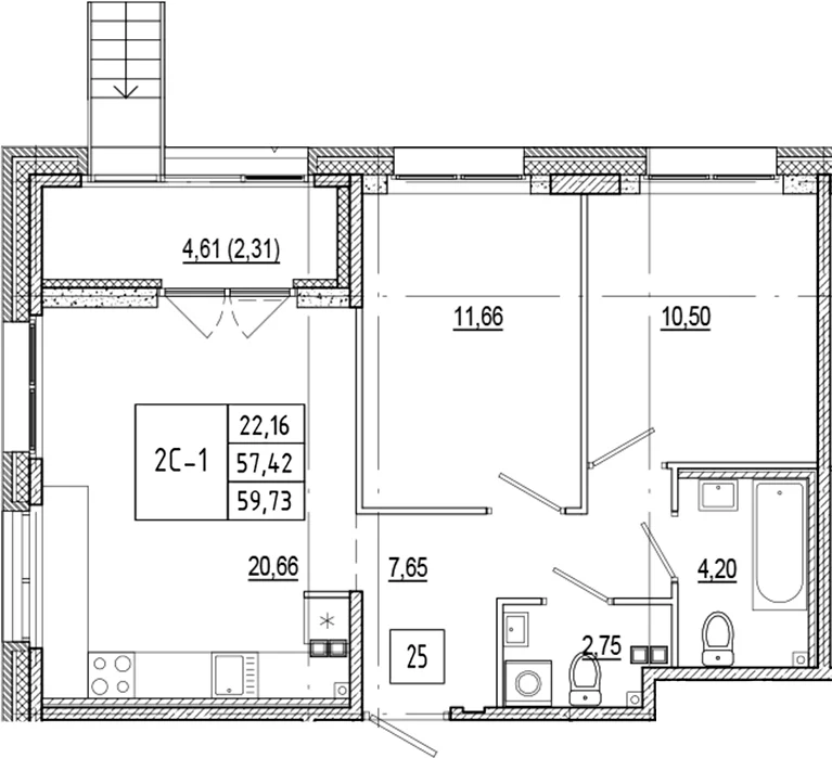 Планировка: Евротрёшка 57,4 м² в ЖК «Ranta Residence»