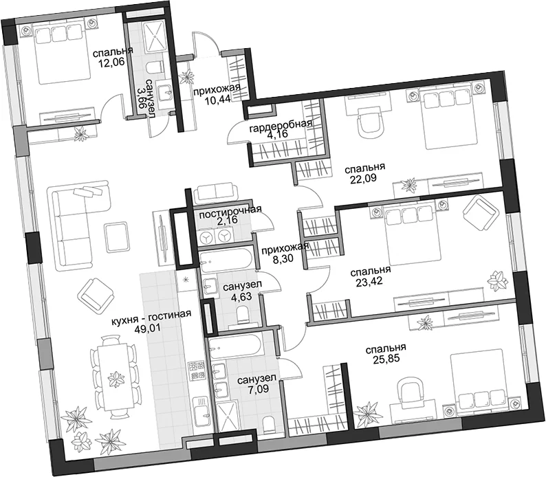 Планировка: Квартира евро-5 172,9 м² в ЖК «Садовническая, 69»