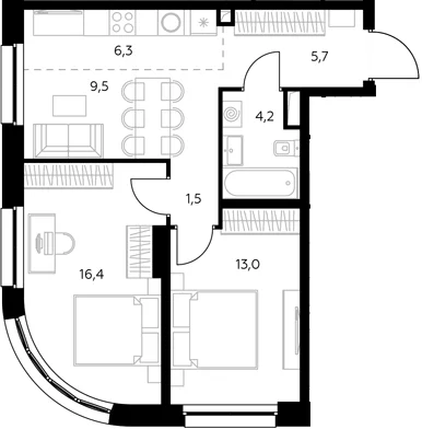 Планировка: Евротрёшка 57 м² в ЖК «Адмирал»