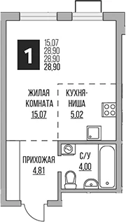 Планировка: Студия 28,9 м² в ЖК «Гранель Алексеевская роща»