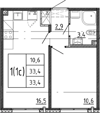 Планировка: Евродвушка 33,4 м² в ЖК «Ручьи 2»